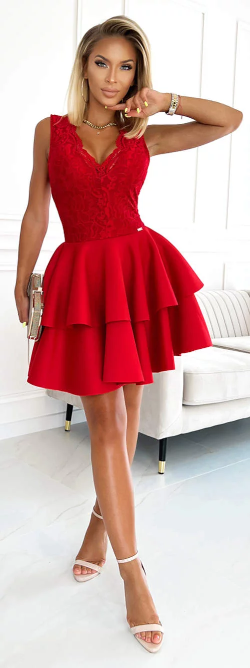 Crvena maturalna haljina s kratkom suknjom na volane