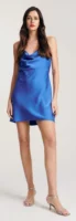 Plava mini haljina sa špageti naramenicama i vodopadnim izrezom