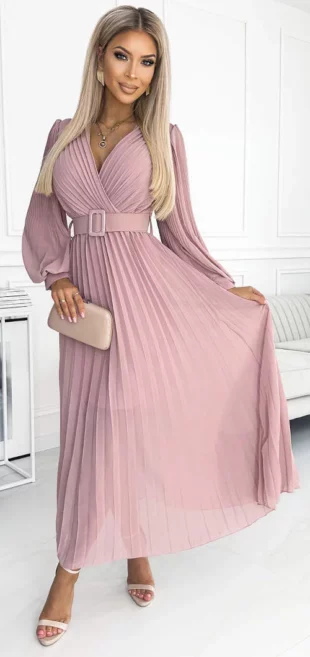 Ružičasta boho svečana haljina sa širokom plisiranom suknjom