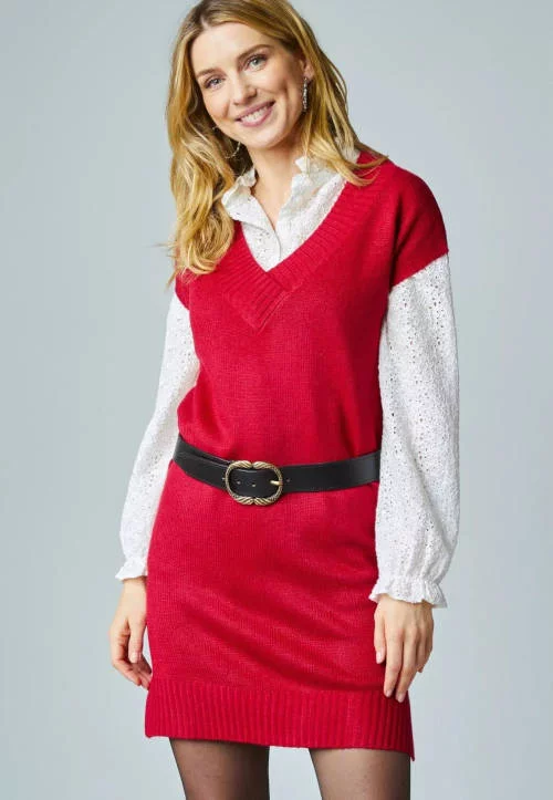 Crveni džemper pletena haljina bez rukava u jednobojnoj boji