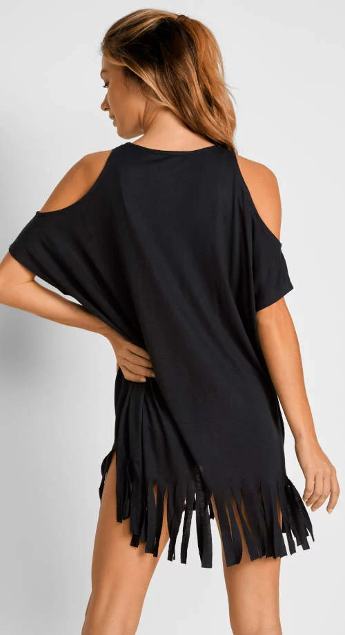 Crna haljina za plažu s otvorenim ramenima