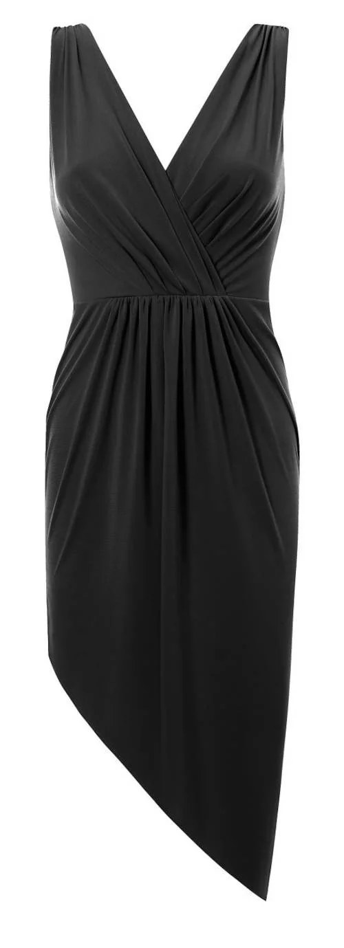 Crna haljina bez naramenica asimetričnog kroja
