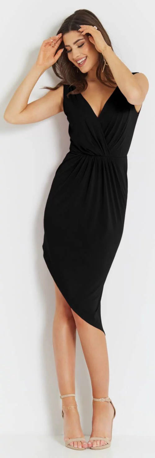 Jeftina crna svečana haljina za mršavljenje asimetričnog kroja