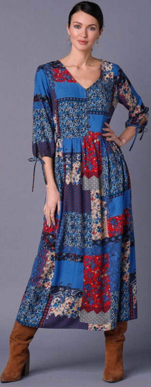 Jesenska ženska maxi haljina za veće veličine u patchwork dizajnu