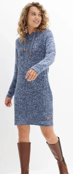 Jeftina plava pletena zimska haljina s kapuljačom