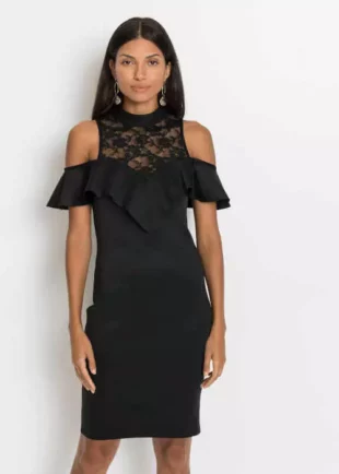 Elegantna crna haljina s umetkom od čipke i profinjenim prorezima